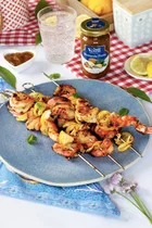 Gegrillte Garnelenspiesse mit Ananas-Curry Senfsauce